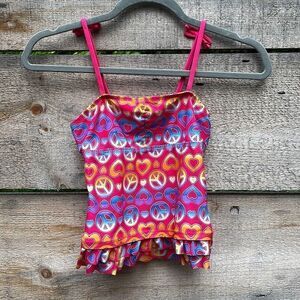 Kid's Multicolor Peace Heart Allover Print Sleeveless Swimwear Size 10/12